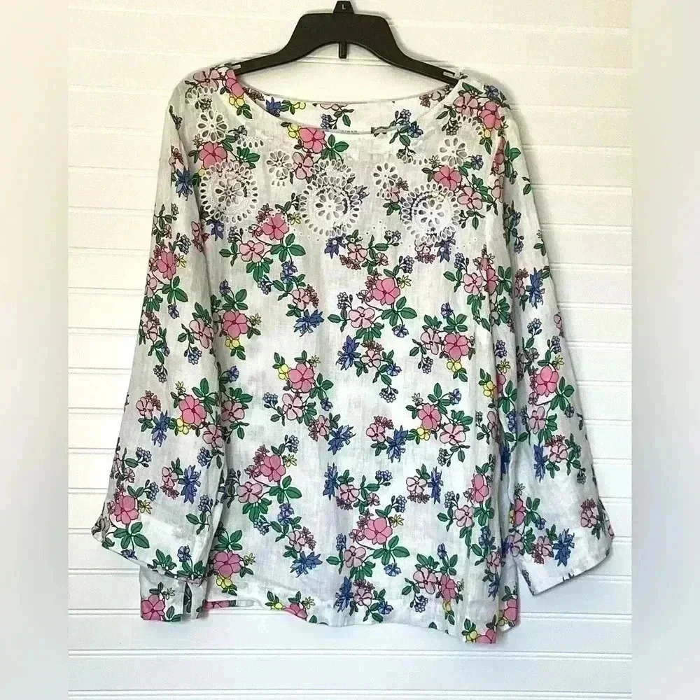 Charter Club Women's Linen Floral-Printed Top Tunic Size XL WHIT, PINK, GREEN